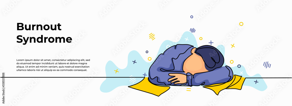 Poster burnout syndrome web banner. vector illustration of a man exhausted at work. modern flat in continuo