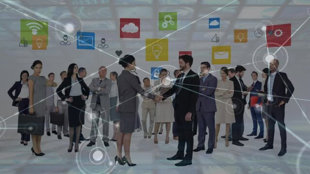 Animation of network of connections with icons over diverse business people in office
