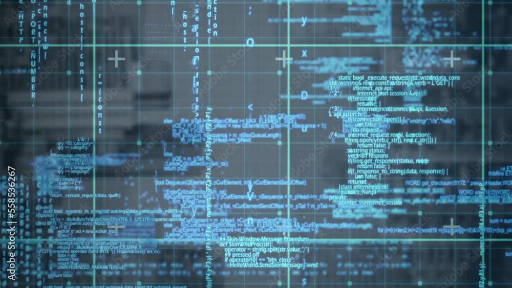 Poster animation of grid pattern over blue computer programming language against black background