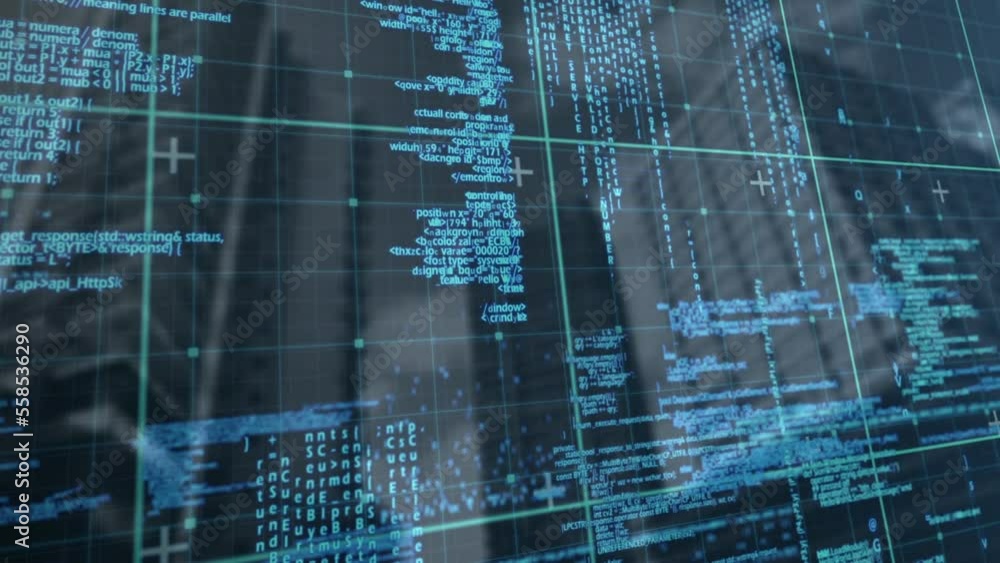Poster animation of grid pattern over programming language against low angle view of buildings