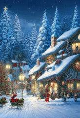A beautiful Christmas village in the mountains. Winter landscape. houses with christmas decorations