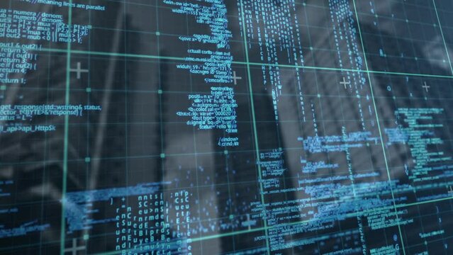 Animation of grid pattern over programming language against low angle view of buildings