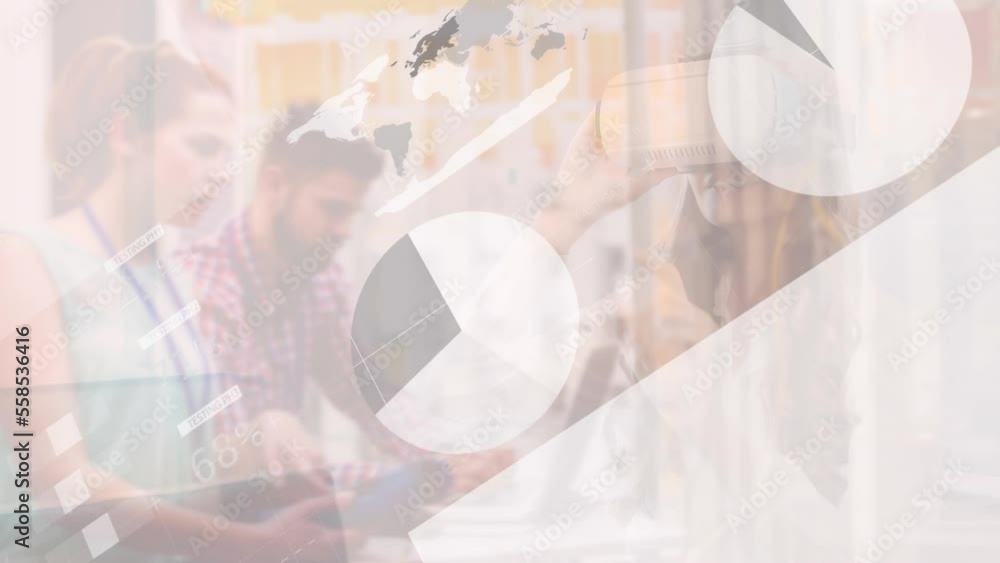 Poster animation of statistics and data processing over diverse business people in office