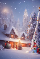 A beautiful outdoor Christmas scene. illustration of a Christmas house with snow, winter landscape in a village.