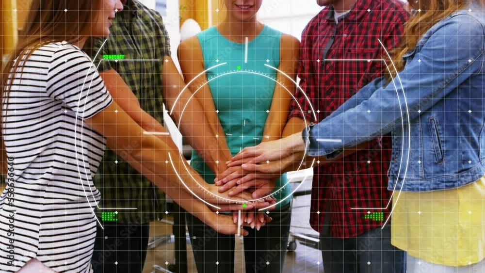 Poster animation of scope and data processing over diverse business people in office