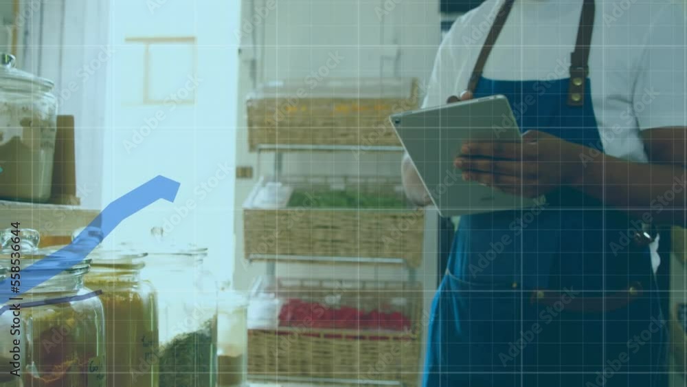 Poster animation of financial data processing with blue lines over man using tablet in shop