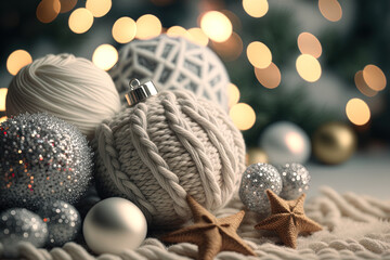 Christmas backdrop with a cozy feel, some knitted elements, and a blurred background. Generative AI
