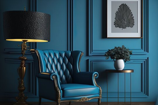 Interior with a classical feel. a blue wall and a leather seat with a lamp. Generative AI