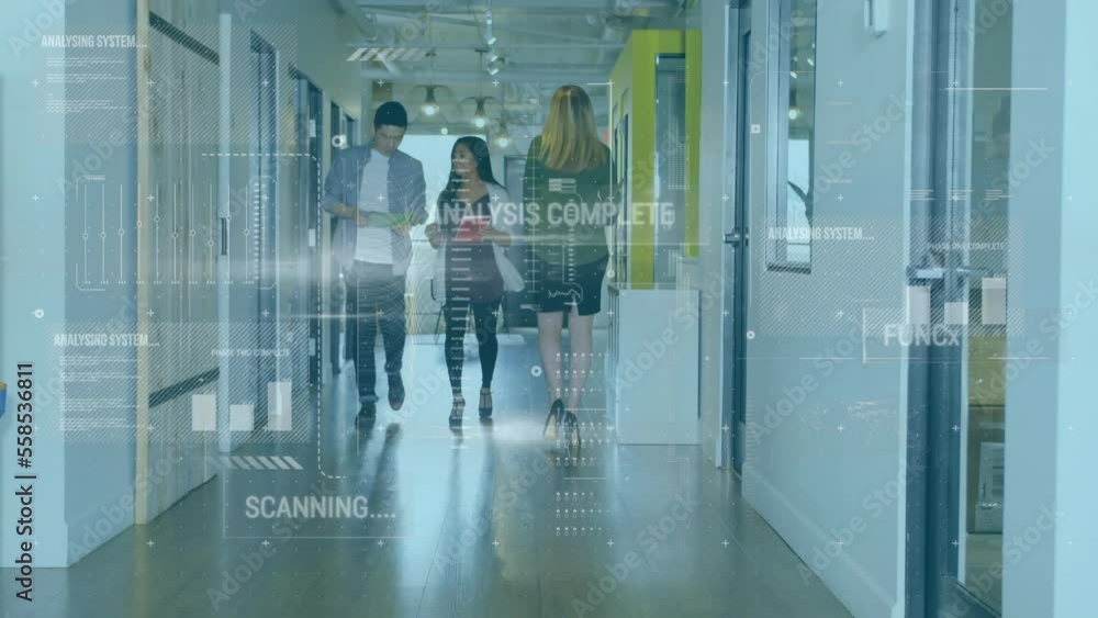 Poster animation of graph, multiple texts, abstract patterns on diverse coworkers discussing reports