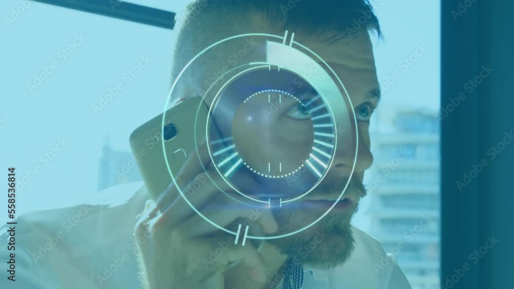 Poster animation of scope and data processing over caucasian businessman using smartphone