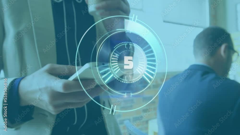 Poster animation of scope and data processing over caucasian businessman using smartphone