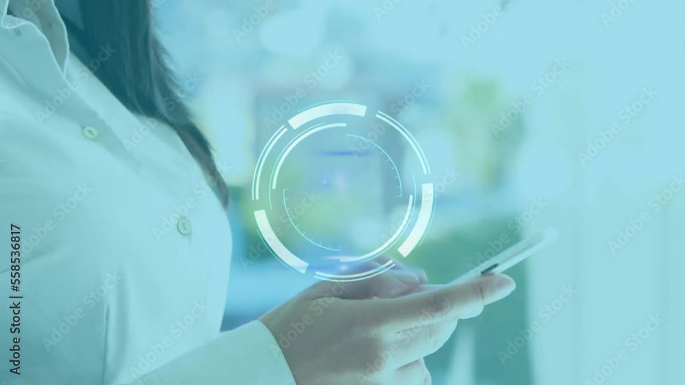 Poster animation of scope and data processing over caucasian businesswoman using smartphone