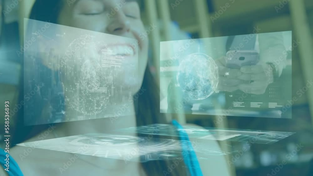 Poster animation of scope and data processing over caucasian woman using smartphone