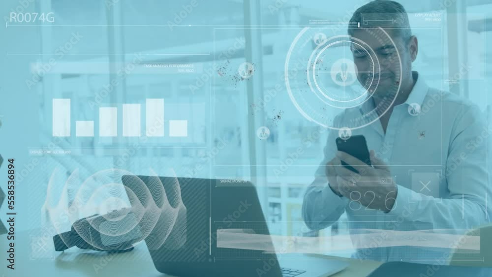 Poster animation of scope and data processing over biracial businessman using smartphone