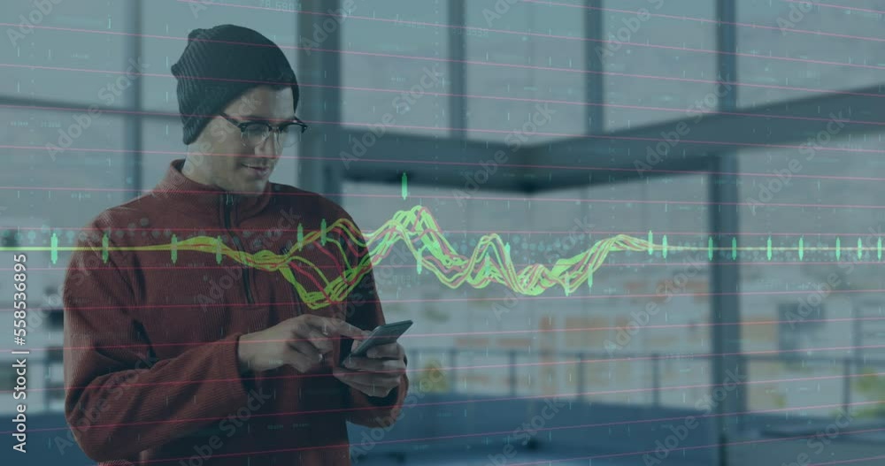 Aufkleber animation of financial data processing over businessman using smartphone