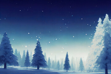 Fototapeta na wymiar christmas landscape illustration, beautiful winter scenery with christmas trees and snow