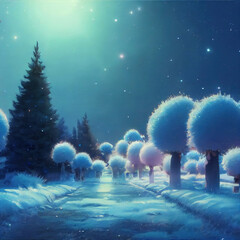 christmas landscape illustration, beautiful winter scenery with christmas trees and snow