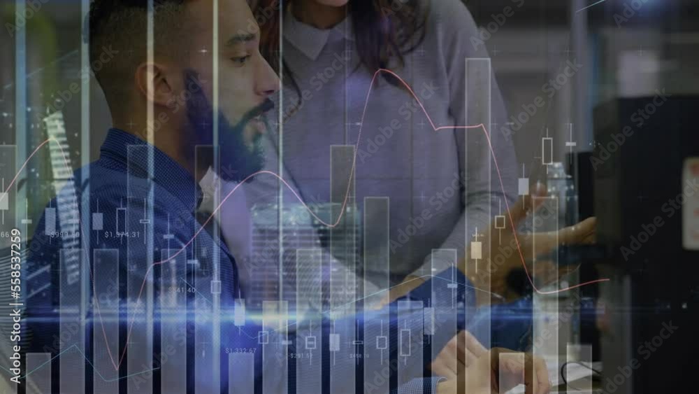 Poster animation of graphs and illuminated cityscape on diverse coworkers discussing reports on computer