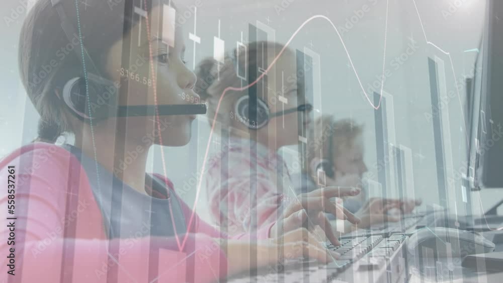Poster animation of graphs and numbers over diverse students wearing headphones and using computer