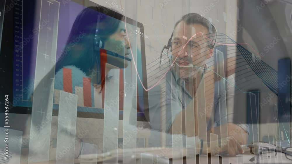 Poster animation of graphs and abstract pattern on diverse customer agents discussing reports in office