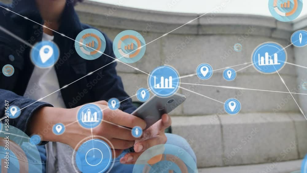 Poster animation of network of connections with icons over man using smartphone