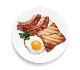 Plate with delicious fried egg, bacon and toast isolated on white, top view