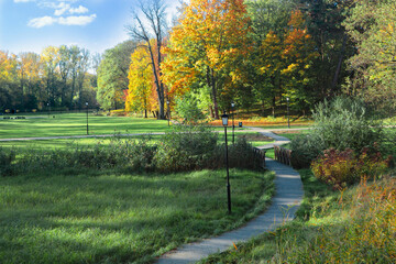Picturesque view of park with beautiful trees and pathway on sunny day. Autumn season