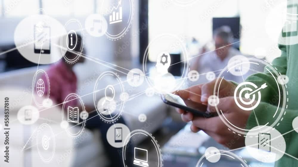 Poster animation of network of connections with icons over man using smartphone