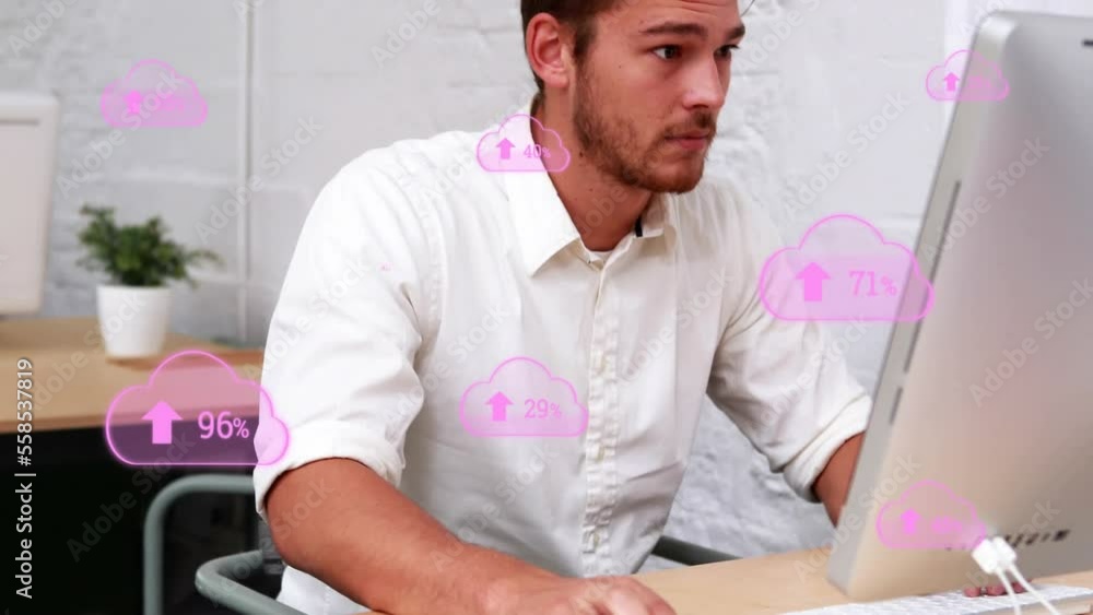 Poster animation of digital clouds with percent processing over businessman using computer