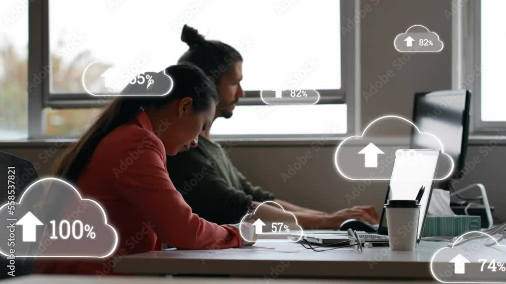 Poster animation of digital clouds with percent processing over businessman using computer