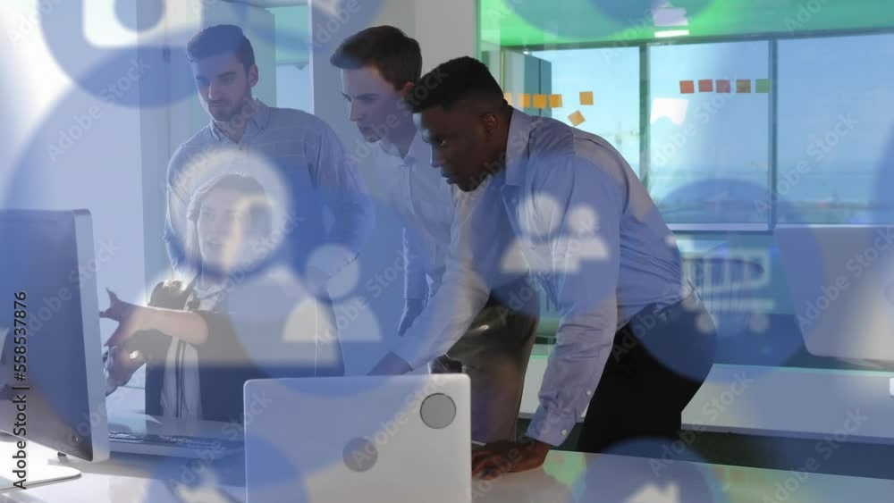 Aufkleber animation of digital icons over business people using computers