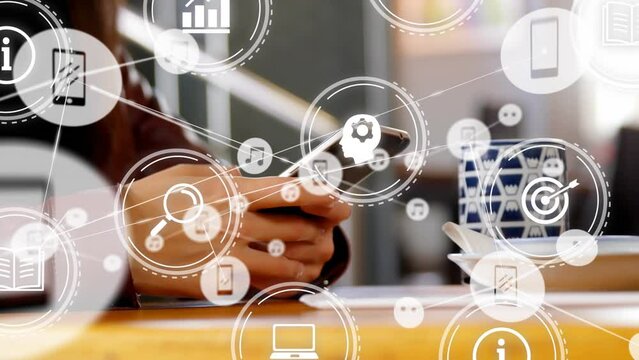Animation of network of connections with icons over man using smartphone
