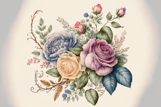 bunch of rose flowers in watercolor. flower arrangement painted by hand. lovely floral curving ornament from the past. Generative AI