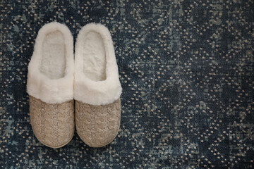 Pair of beautiful soft slippers on carpet, top view. Space for text