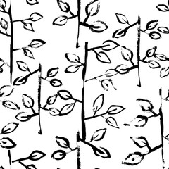 Dry Brush Grunge Branches with Leaves Seamless Pattern.