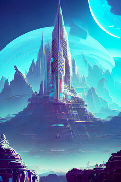 Apex Blue Moon Civilization Primary Tower Base - Futuristic Graphic Art
