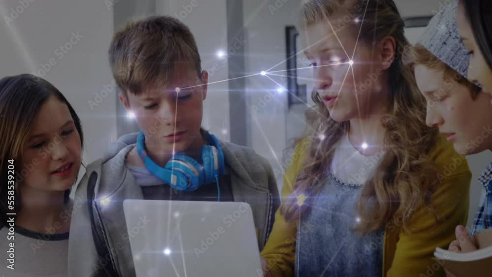 Poster animation of connected dots over diverse students using laptop