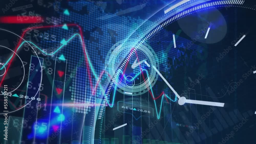 Poster animation of ticking clock and financial data processing over world map against blue background