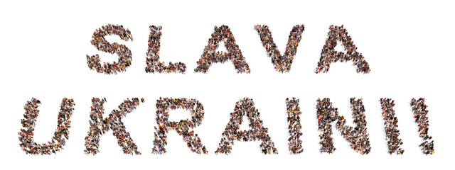 Concept or conceptual large community of people forming SLAVA UKRAINI message. 3d illustration metaphor for patriotism, determination, motivation, courage, fighting, spirit, endurance and strength