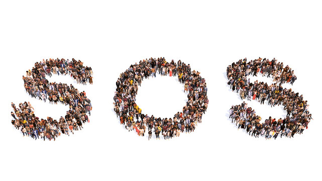 Concept or conceptual large community of people forming SOS message. 3d illustration metaphor for danger, distress, help,  emergency, rescue and assistance, 911