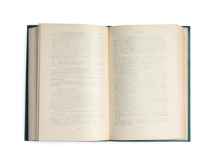 Old open hardcover book isolated on white, top view