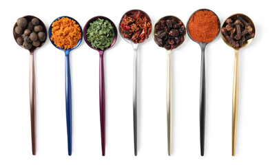 Metal spoons with different spices on white background, top view