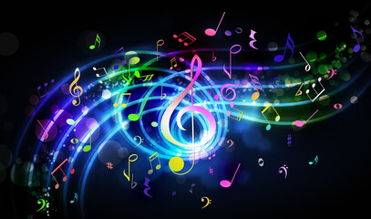 Many music notes and other musical symbols on black background. Bright illustration
