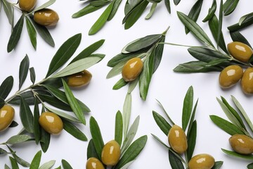 Twigs with olives and fresh green leaves on white background, flat lay