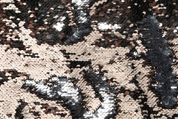Texture of beautiful golden sequins as background, top view