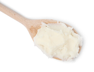 Wooden spoon with delicious lard isolated on white, top view