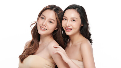 two Beautiful young asian woman with clean fresh skin on white background, Face care, Facial...