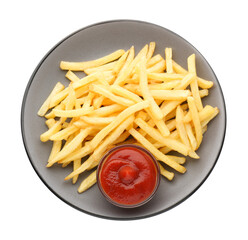 Tasty french fries with ketchup isolated on white, top view