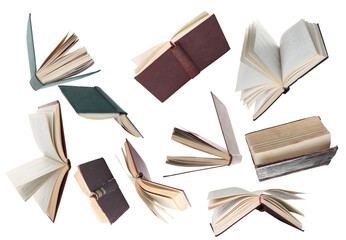 Many hardcover books falling on white background - Powered by Adobe