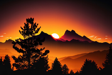 Mountain scenery silhouetted at dusk. As the sun sets behind mountains. over a mountain at sunset. Generative AI